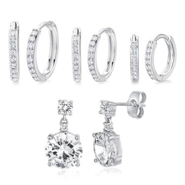 Imagem de MDFUN Conjunto de brincos de zircônia cúbica banhados a ouro branco 14K Hoops Huggie para mulheres, pacote com 2/5 pares, Latão, Zircônia cúbica