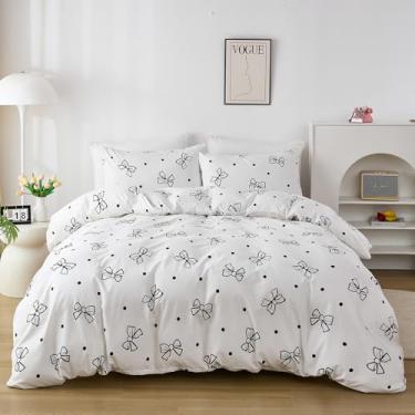 Imagem de Cozaline Conjunto de capa de edredom de algodão, tamanho Queen, 100% algodão lavado, com sensação de linho, laço fofo para meninos e meninas, 3 peças, ultramacio, respirável, conjunto de capa de