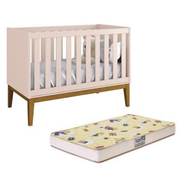 Imagem de Berço Mini Cama Classic com Pés Amadeirado e Colchão Supreme - Reller Móveis Rosa Fosco