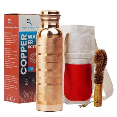 Imagem de ROYAL SAPPHIRE Garrafa de água de cobre de toque prateado, 946 ml, design ayurvédico com bolsa de lona e escova de limpeza, à prova de vazamento