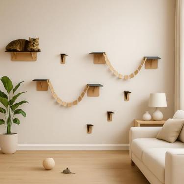 Imagem de BOXFAN Kit Playground Gatos 7 Peças Prateleiras Circuito Escada Gatil Mdf Degraus Antiderrapante Escadinha Pontes Pet Parquinho Gato Suspenso de Parede Moveis Gatos Filhotes e Adultos