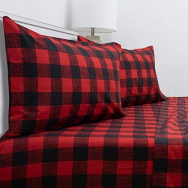 Imagem de Sweet Home Collection Jogo de cama luxuoso de microfibra escovada de qualidade egípcia macia de 1800 fios com lençol de elástico, 2 fronhas, Queen, Buffalo Check Burgundy