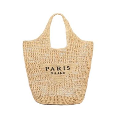 Imagem de Covelin Bolsa feminina de palha tecida à mão – Bolsa de praia boho leve e de grande capacidade, Caqui