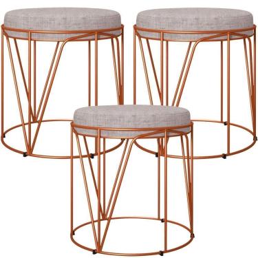 Imagem de Kit 03 Puffs Decorativo Aramado Bronze Zaya L02 Linho Cinza