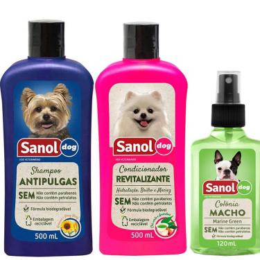 Imagem de Kit Banho para cães: Shampoo Antipulgas, Condicionador Revitalizante e perfume macho (marine green)