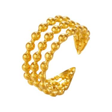 Imagem de BlingNook Anéis de ouro para mulheres e homens, anel de aço inoxidável com contas da moda, empilhável, sem manchas, pingente de casamento, ajustável, joias de aniversário abertas, presente de esposa