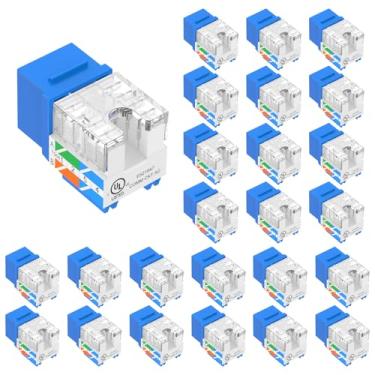 Imagem de VCE Inserção Keystone Jack Cat6 de 10 Gbps com certificação UL, pacote com 25, adaptador de conector Keystone RJ45 de 90 graus, perfil fino, azul