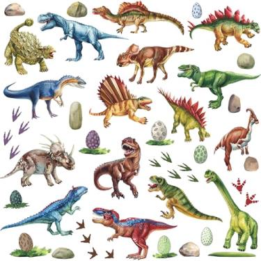 Imagem de Adesivos de parede de dinossauro em aquarela de 8 folhas - 24 x 35 cm Decalques de parede de dinossauro jurássico removíveis com pegadas e ovos - DIY quarto infantil decoração de quarto de bebê para