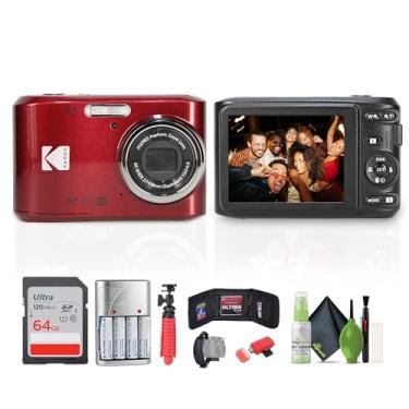 Imagem de Kodak Câmera digital Pixpro FZ45 (vermelha) inclui: cartão de memória de 64 GB, baterias recarregáveis, tripé flexível, leitor de cartão, carteira de cartão, alça de mão, kit de limpeza completo