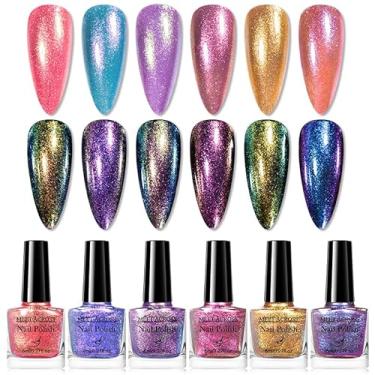 Imagem de MEET ACROSS Conjunto de esmalte Chameleon holográfico glitter padrão nuvem brocado brilho ar secagem rápida esmalte verde azul iridescente manicure presentes para mulheres