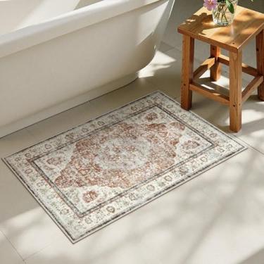 Imagem de Uphome Tapetes de banheiro Boho, tapete de banheiro laranja envelhecido, tapetes de banho pequenos de veludo confortável, lavável, tapete de banheiro oriental vintage para pia e chuveiro, 51 x 81 cm