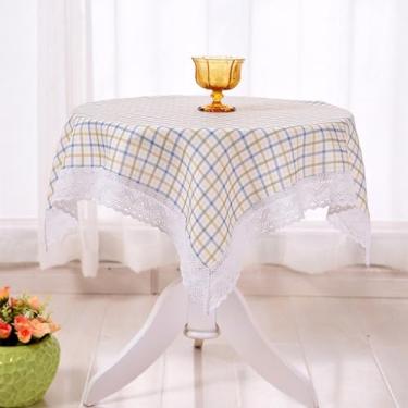 Imagem de Toalha de mesa quadrada pequena de cabeceira xadrez com borda de renda rústica mesa de cabeceira de casa de fazenda pequena capa de mesa de café de linho fresco para sala de estar, festa, casamento