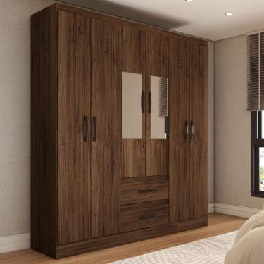 Imagem de Guarda-Roupa Solteiro Elise com Espelho 6 Portas 2 Gavetas Castanho - Panorama Móveis