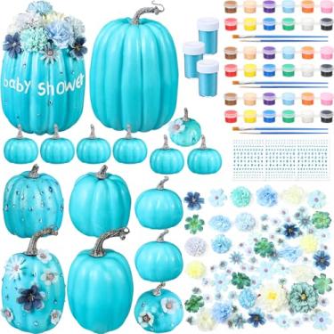 Imagem de Zubebe 14 conjuntos de kits de pintura de abóboras artificiais de tamanhos variados, pinte suas abóboras de espuma com mini cabeças de flores, conjunto de pintura com glitter para chá de bebê