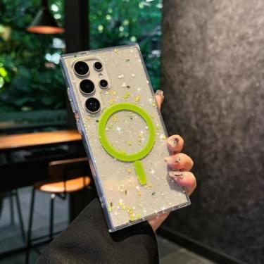 Imagem de Capa para Galaxy S24FE com flores amarelas e folhas de bordo com glitter e capa magnética para carregador sem fio (para Galaxy S24FE/A)