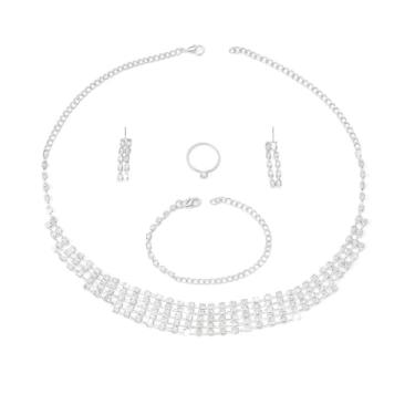 Imagem de Conjunto Colar Brinco Pulseira Anel Zircônia Cúbica Prata Minimalista - Noiva Casamento Festa Formatura Debutante - Presente Mãe Namorada Amiga - Sofisticado Réveillon Ano Novo