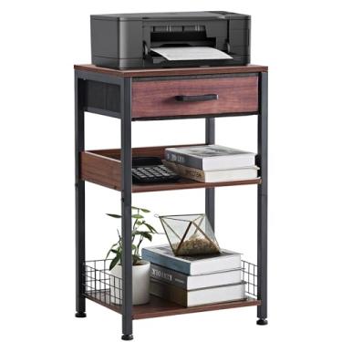 Imagem de Lerliuo Suporte para impressora de nogueira com gaveta de tecido, mesa lateral industrial de 3 níveis, suporte de mesa para impressora pequeno moderno com prateleira de armazenamento, mesas de