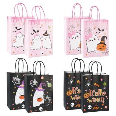 Imagem de KISSITTY 8 peças de sacolas de papel de Halloween para presente de abóbora para doces ou travessuras de doces com alças para lembrancinhas de Natal, lanches, suprimentos de festa infantil