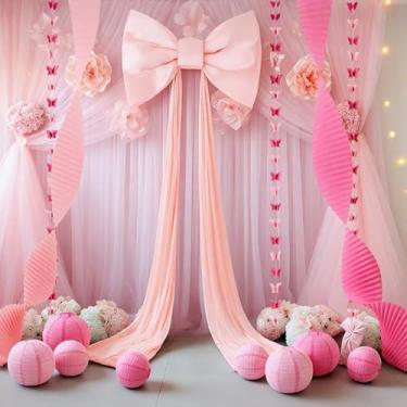Imagem de Havawish Conjunto de decoração de quarto de casamento rosa com 14 peças de laços grandes de 70 cm com papel ondulado ondulado, pingente de borboleta, lanternas de papel redondas para porta de parede