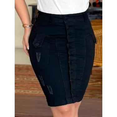 Imagem de Saia Evangelica Moderna Jeans Lápis Fechamento em Botões Encapados Fro