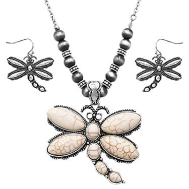 Imagem de Rosemarie & Jubalee Conjunto de brincos com pingente de libélita semipreciosa pedra howlita mágica semipreciosa, 45,7 cm + extensor de 7,6 cm