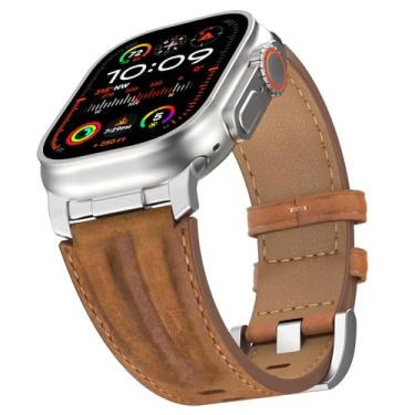 Imagem de Bouixel Pulseira de couro genuíno de grão superior compatível com Apple Watch Ultra 3 de 49 mm, 46 mm, 45 mm, 44 mm e 42 mm, pulseira de metal resistente para Apple Watch Ultra 2/1 séries 11 10 9 8 7