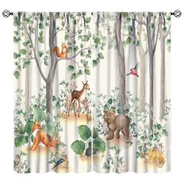 Imagem de Cortinas de animais da floresta, decoração de cabana rústica, floresta, campo, urso, veado, raposa, decoração de casa de campo, bolso para varão, tratamentos de janela para berçário, meninas, meninos