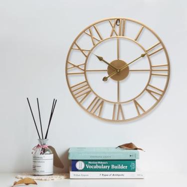 Imagem de bakbrand Relógio de parede grande, 82 polegadas, ouro, algarismos romanos, relógio de metal, operado por bateria, silencioso, sem tique-taque, relógio de parede moderno redondo grande para casa,