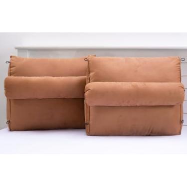 Imagem de Travesseiro Encosto de Cabeceira para Cama, Sued Premium, 61x55x30 cm, Almofada Descanso Para Leitura,Jogos, TV e Séries com Suporte Removível, Bolso Lateral. (TABACO)