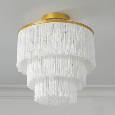 Imagem de vivihobb Lustre branco com franja de teto, luz de teto de montagem semi-embutida de 3 luzes, luminária boho dourada, 3 camadas, para quarto, berçário, lavanderia.