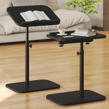 Imagem de Conjunto de 2 mesas de sofá com braço de sofá, bandeja de TV, suporte de cama pequeno, mesas laterais em forma de C para sala de estar, quarto, cabeceira preta