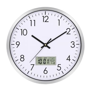 Imagem de Relogio Parede Luxo Com Display Digital Temperatura Calendario Para Escritorio Sala Consultorio Despertador Prata
