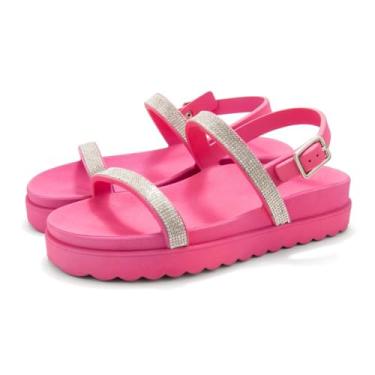 Imagem de Sandalia Papete de Strass Flatform Feminina Rasteirinha Tratorada Com Fivela Moderna Palmilha Macia Tamanho:39;Cor:Rosa;Gênero:Feminino;Departamento BS:Esporte