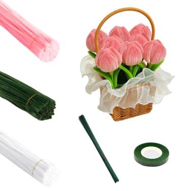 Imagem de HXDISWSM Conjunto de 161 peças de limpadores de cachimbo de flores, buquê de flores, feito à mão, kit completo para crianças, conjunto completo para crianças, tulipa de tecido verde encriptado (rosa +