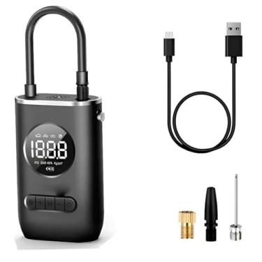 Imagem de Calibrador Compressor Bomba De Ar Portátil Digital com Lanterna LED para Encher Pneus de Carro, Moto, Bike, Bicicleta, Bola e Piscina Inflável
