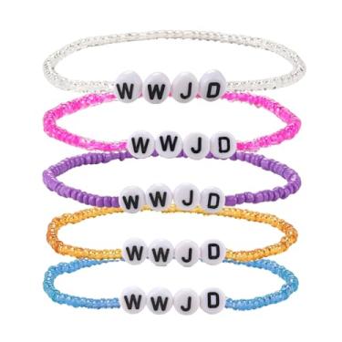 Imagem de Pingyongchang WWJD Pulseiras Elásticas Coloridas com Contas para Mulheres What Would Jesus Pulseiras de Letra em Camadas Lembrete Religioso Inspirador para Meninas Adolescentes Presentes Joias,