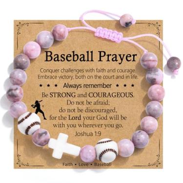 Imagem de PODLEV Pulseira de beisebol para meninas e mulheres - Pulseiras de contas ajustáveis com pingente de cruz para meninas adolescentes, Natal, aniversário, dia dos namorados, Páscoa, presentes de