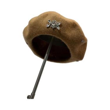 Imagem de Boina Feminina de Lã com Strass - Moda Coreana para Inverno, Camelo