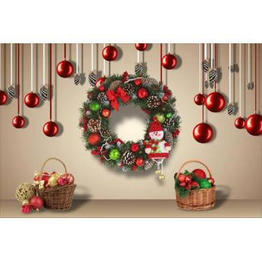 Imagem de Painel de Lona Guirlanda Natal em Casa Bolas Vermelhas e Cesta - Fabri