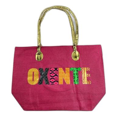 Imagem de Bolsa De Praia Palha Feminina Com Zíper De Ombro Oxente Sacola Ecobag Tote Juta Com Alça Dourada pink