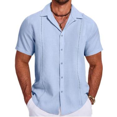 Imagem de Camisa COOFANDY Cuban Guayabera, manga curta, praia, azul claro