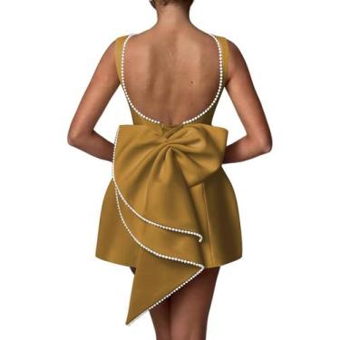 Imagem de Vestido de festa Aosadin Mini sem mangas, cetim, amarelo mostarda