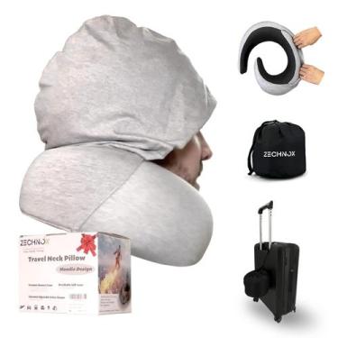 Imagem de Almofada ergonômica de viagem Zechnox com capuz dobrável, travesseiro 