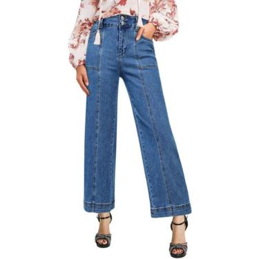 Imagem de Calças jeans Astylish femininas de cintura alta, perna larga, azul