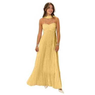 Imagem de Vestido de dama de honra KMQSY Gold Chiffon longo sem alças com cachec