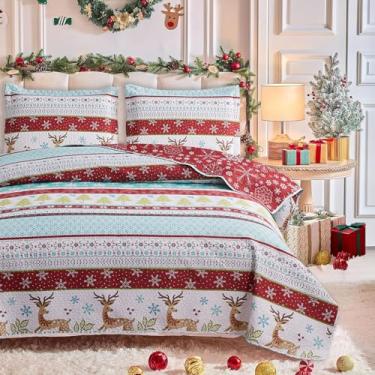 Imagem de Conjunto de colcha de Natal casal/queen size com alce e rena, colcha leve de alce, alce, vermelho, verde, rústico, cervo, decoração de Natal com 2 fronhas