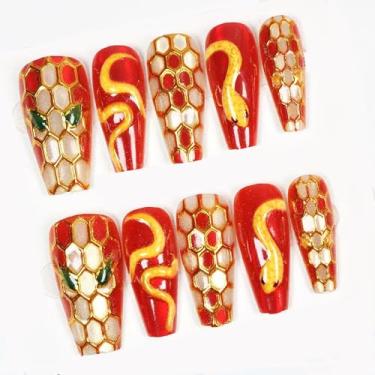 Imagem de Red Snakes Queen Cat Eye Press on Nails Caixão longo, 30 peças de unhas falsas 3D semelhantes a salão de beleza com glitter, desenhos de olho de gato, unhas de acrílico artificial, cola nas unhas