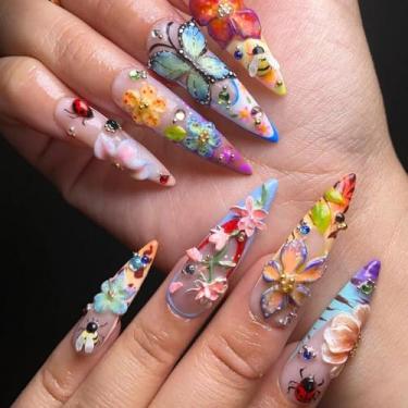 Imagem de Unhas postiças longas de amêndoa, unhas falsas francesas, unhas artificiais rosa com designs de insetos 3D, GG, prensas de unhas de acrílico, 3D, 24 peças