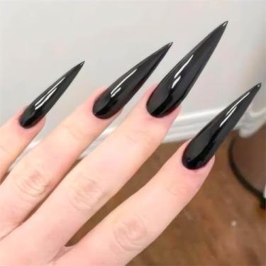 Imagem de RTKHFZE Unhas postiças pretas em forma de estileto, brilhante, unhas postiças, unhas artificiais, 24 peças, presente para mulheres e meninas