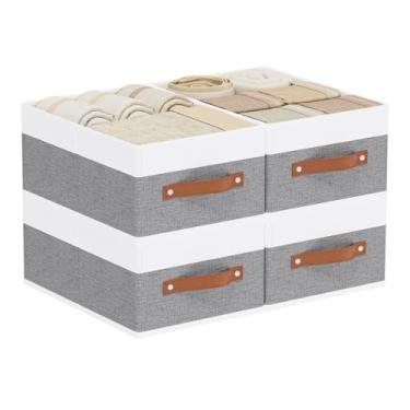 Imagem de YheenLf Caixas de armazenamento de roupas, caixas de roupas com alças, cestas para organização, caixas de tecido para prateleiras, 13 × 9 × 14 cm, pacote com 4, branco e cinza